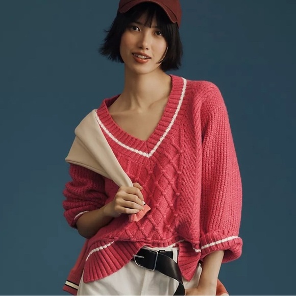 NWT Anthropologie Maeve The Tillie V-Neck Pullover Sweater Pink Size S